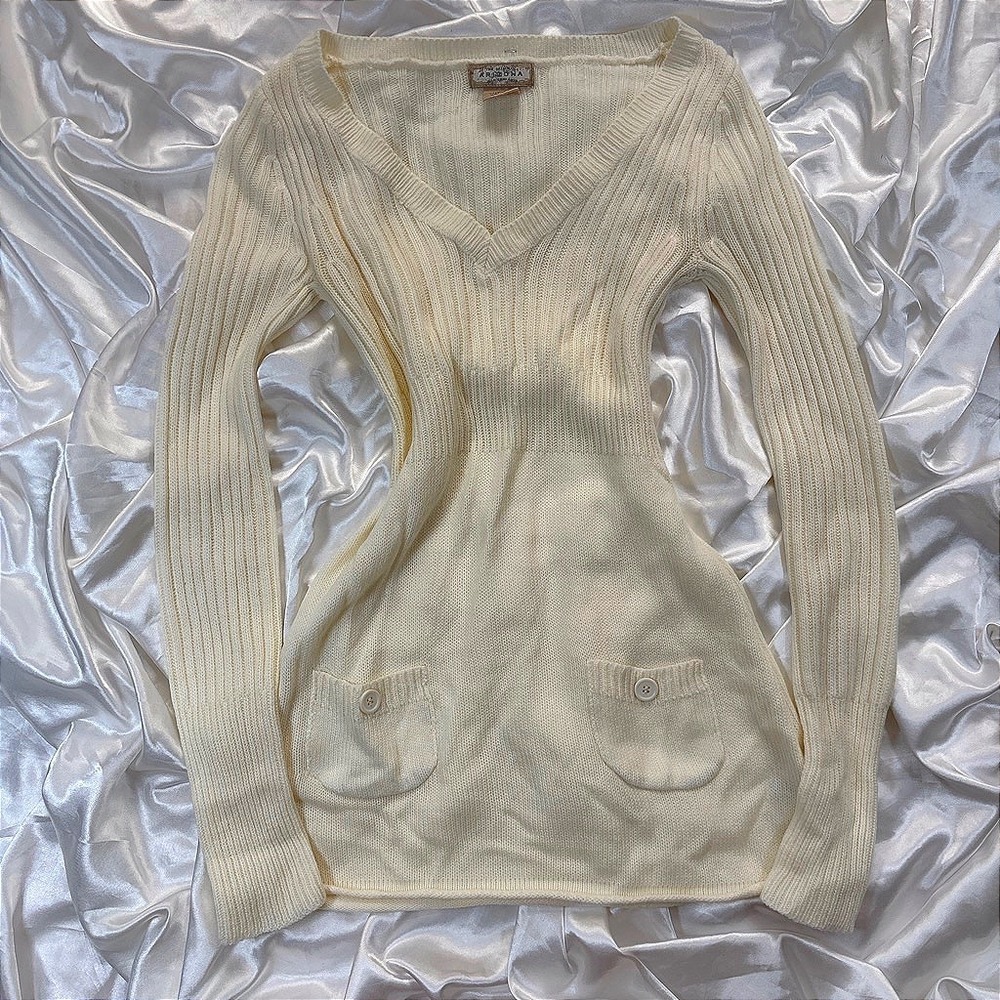y2k Arizona Jean Co Sweater Ivory Excellent Ribbed V-Neck Knit Tunic Pockets